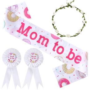 Serencatcher Donut Baby Sprinker Dusting Decorations Girl ، Donut Mom لتكون الأمومة Sash Mom Dad لتكون زر شارة Tinplate دبوس زهرة تاج للعصا الوردي دونات دش الطفل الكشف عن حفلة in Kuwait