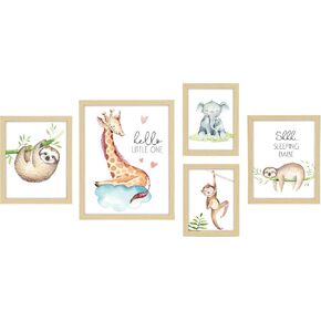 ArtbyHannah 5 Pack Framed Funny Woodland Baby Nursery Gallery Wall Art Decor and Cute Safari Animals Prints for Kids Bedroom and Playroom Decoration, Multi Size 11x14 x2, 8x10 x2, 6x8 x2