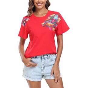 2024 Mexican Embroidered Tops for Women Floral Tunic Summer T Shirt Short Sleeve Boho Loose Fit Shirts