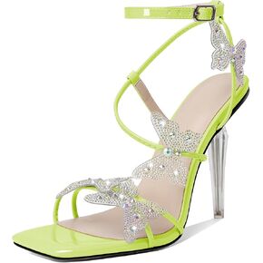 Esvowido High Heel Sandals for Women, Ankle Strap Butterfly Strappy Open Toe High Heels, Square Toe Clear Stiletto Heeled Sandals, Butterfly Heels 4 Inches