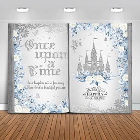 Once Upon a Time Backdrop 10x7ft Blue Floral Silver Castle Princess Fairy Tale Book Birthday Background Party Decorations for Girl Opening Magic Book Romantic Story Wall Decor Banner