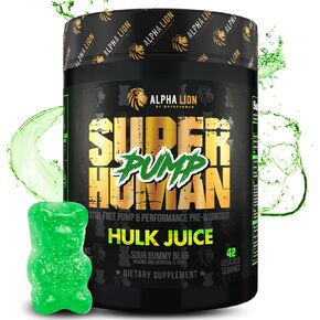 ALPHA LION Superhuman Pump Pre Workout Powder, Nootropic Caffeine & Stim Free Preworkout Supplement, Nitric Oxide Booster, Muscle Gainer, Energy & Focus (42 Servings, Hulk Juice Flavor)