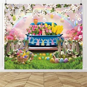 Easter Backdrop Spring Easter Backdrops for Photoshoot Blue Truck Flowers Egges Photography Background for Birthday Party Baby Shower Background Decorations Banner Photo Booth Props 10x8ft