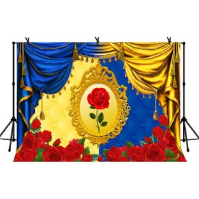 7x5ft Red Rose Backdrop, Blue Yellow Girl Fairytale Princess Birthday Party Background for Photography, Cake Table Decoration Photo Booth Studio Prop Banner BJLSLY714