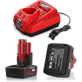 Powilling 2 Pack 12V 6.5Ah Replacement for Milwaukee M12 Battery and Charger Kit, Compatible with Milwaukee M12 12Volt Batteries 48-11-2401, 48-11-2402
