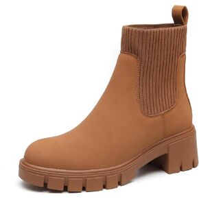 Women's Chelsea Boots Leather Classic Lug Sole Platform Elastic Slip On Chunky Ankle Booties for Women