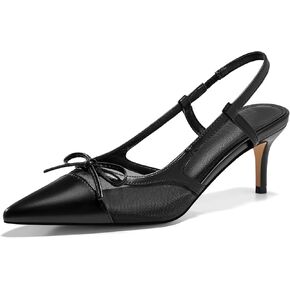 Coutgo Womens Kitten Heels Slingback Mesh Pumps Bow Tie Closed Pointed Toe Two Tone Slip on Work Dress Shoes