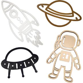 4 Pcs Space Trio Nursery Wall Decor Astronaut Wooden Wall Decor Space Themed Bedroom Decor Solar System Stickers for Nursery Playroom Bedroom Wall Decor Sticker Decal