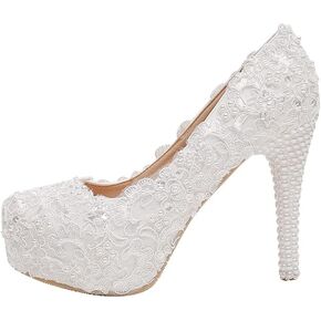 White Super high Heel Platform Single Shoes Stiletto Women's Shoes Lace Sequins Pearl Wedding Shoes Bridal Shoes Medium Heel Shoes Low Heels