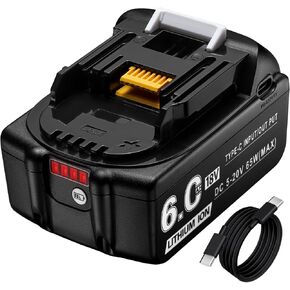 Replacement Makita 18V Battery 6.0Ah with 65W Type-C Output/Input Ports, Compatible with Makita 18V Lithium-Ion Battery BL1830B BL1860B BL1850B BL1840B for Makita 18V Tools with Cable