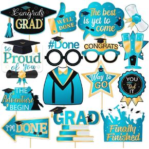 2025 Graduation Photo Booth Props, Class of 2025 Grad Party Decorations Supplies Pose Signs for College High School, Congratulations Grad with Large Card, Light Blue & Gold 15pcs
