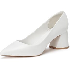 ALICEPUB White Heels for Women Closed Toe Chunky Block Comfy Pumps, Womens Formal Evening Shoes White Wedding Shoes for Bride, Business Casual Shoes Professional Office Shoes Work Heels, Size 8