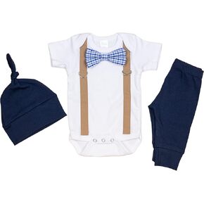 Newborn Boy Coming Home Outfit. Navy & Brown Bow tie and Suspender Take Home Set