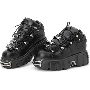 Kluolandi Women's Metal Platform Goth Boots Punk Style Lace-up Combat Boots Ankle Bootie Black Gothic Biker Boots