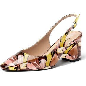 MERRORI Women's Patent Buckle Block Solid Slingback Square Toe Chunky Mid Heel Pumps Shoes 2.5 Inch