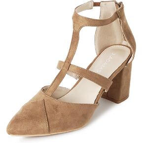 J. Adams Michelle Women's Chunky Block Heel Pointed Toe T-Strap Dress Shoes - Elegant Suede Pumps for Office & Party