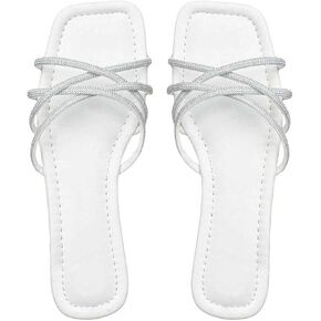 GORGLITTER Women's Rhinestone Strappy Flat Sandals Sparkly Open Square Toe Slide Sandals