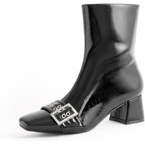 Black Square Toe Ankle Boots with Eyelet Buckle Straps Women Fashion Sexy 1 Inch Low Block Heel Zipper Booties