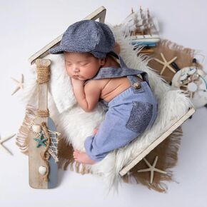 Newborn Photography Props, 2-PCs Baby Boy Photoshoot Outfit with Suspender Pants and Beret for 0-6 Months Old Babies