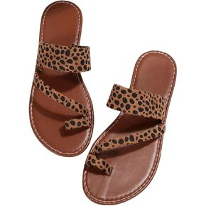 Oyoangle Leopard Leopard Toe Toe Final Sandals Strappy Open Open Slip على صندل مسطح غير رسمي في الهواء الطلق