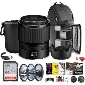 Nikon NIKKOR Z 50mm f/1.4 Mirrorless Camera Lens Z (20128) + Sling Backpack + Photo Software + 64GB Memory Card + Lens Filter Kit + Tripod + Cleaning Kit + Hand Strap + More (Renewed)