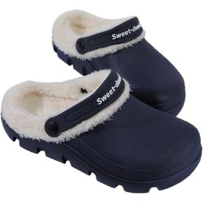 Garden Clogs Fuzzy for House : Women Men Warm Fur Lined Slippers for Winter Unisex Non-Slip Mules for Indoor Outdoor Navy Blue