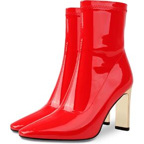 Reitoye Women's Ankle Boots Metallic Chunky Block Heel Square Toe Zipper Mid Calf Boots