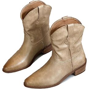 Women's Leather Western Cowboy Cowgirl Casual Ankle Boots Classic Pointed Toe Low Block Heel Dress Pull-on Mid-Calf Boots