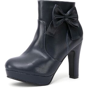 GATUXUS Women's Chunky High Heels Bow Decor Ankle Boots Round Toe Side Zipper Platform Short Booties Dress Shoes in Kuwait