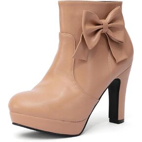 GATUXUS Women's Chunky High Heels Bow Decor Ankle Boots Round Toe Side Zipper Platform Short Booties Dress Shoes