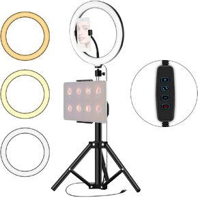 10 inch LED Light, 3 Color Light, 10 Levels Adjustable Brightness with Mobile Phone Clip, USB Powered, Foldable Tripod Stand, for Makeup Video Live Streaming