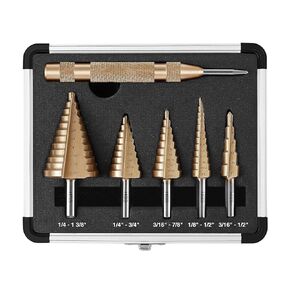 5PCS Step Drill Bits with Automatic Center Punch,High Speed Steel Unibit Step Drill Bit Set,Total 50 Sizes HSS Titanium Step Bits for Metal