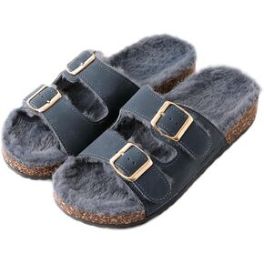 Roxoni Women's Open Toe Feather Slipper with Adjustable Double Buckle Cozy Cork Slide Sandal