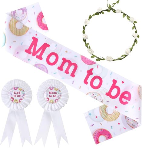 Serencatcher Donut Baby Sprinker Dusting Decorations Girl ، Donut Mom لتكون الأمومة Sash Mom Dad لتكون زر شارة Tinplate دبوس زهرة تاج للعصا الوردي دونات دش الطفل الكشف عن حفلة in Kuwait