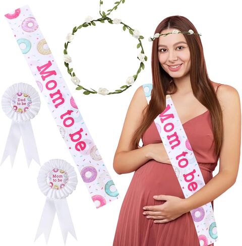Serencatcher Donut Baby Sprinker Dusting Decorations Girl ، Donut Mom لتكون الأمومة Sash Mom Dad لتكون زر شارة Tinplate دبوس زهرة تاج للعصا الوردي دونات دش الطفل الكشف عن حفلة in Kuwait