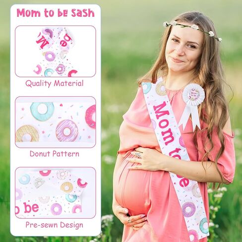 Serencatcher Donut Baby Sprinker Dusting Decorations Girl ، Donut Mom لتكون الأمومة Sash Mom Dad لتكون زر شارة Tinplate دبوس زهرة تاج للعصا الوردي دونات دش الطفل الكشف عن حفلة in Kuwait