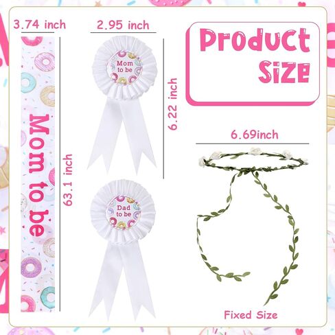 Serencatcher Donut Baby Sprinker Dusting Decorations Girl ، Donut Mom لتكون الأمومة Sash Mom Dad لتكون زر شارة Tinplate دبوس زهرة تاج للعصا الوردي دونات دش الطفل الكشف عن حفلة in Kuwait