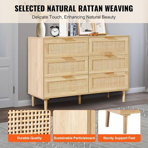 Vevor 6 درج Rattan Drattan ، Pooho Dresser ، Rattan Chest من الأدراج مع التخزين الفسيح ، رطات طبيعية لغرفة النوم وغرفة المعيشة والممر ، راتان منضدة مع مقابض وأرجل قوية ، بني ، بني in Kuwait