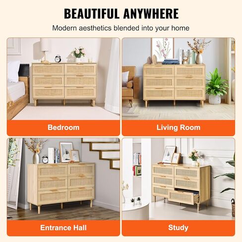 Vevor 6 درج Rattan Drattan ، Pooho Dresser ، Rattan Chest من الأدراج مع التخزين الفسيح ، رطات طبيعية لغرفة النوم وغرفة المعيشة والممر ، راتان منضدة مع مقابض وأرجل قوية ، بني ، بني in Kuwait