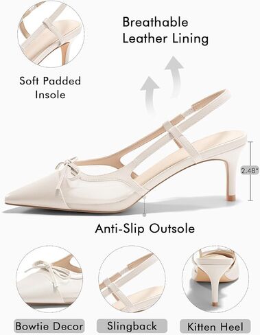 Coutgo Womens Kitten Heels Slingback Mesh Pumps Bow Tie Closed Pointed Toe Two Tone Slip on Work Dress Shoes in Kuwait