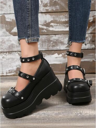 Women's Gothic Platform Mary Jane Pumps Adjustable Studded Ankle Strap Round Toe Wedge Lolita Shoes Uniform Party Dress Shoes in Saudi Arabia