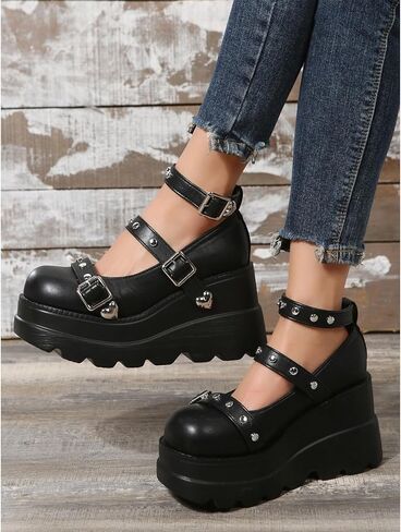 Women's Gothic Platform Mary Jane Pumps Adjustable Studded Ankle Strap Round Toe Wedge Lolita Shoes Uniform Party Dress Shoes in Saudi Arabia