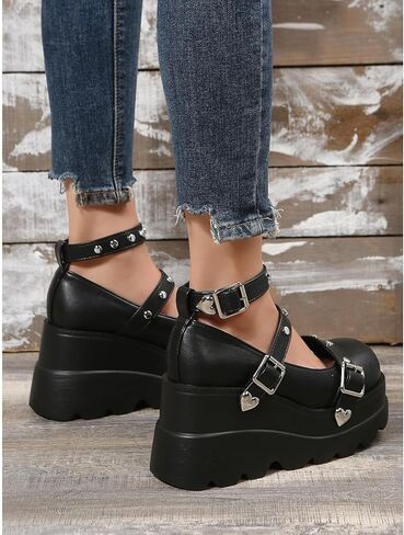 Women's Gothic Platform Mary Jane Pumps Adjustable Studded Ankle Strap Round Toe Wedge Lolita Shoes Uniform Party Dress Shoes in Saudi Arabia