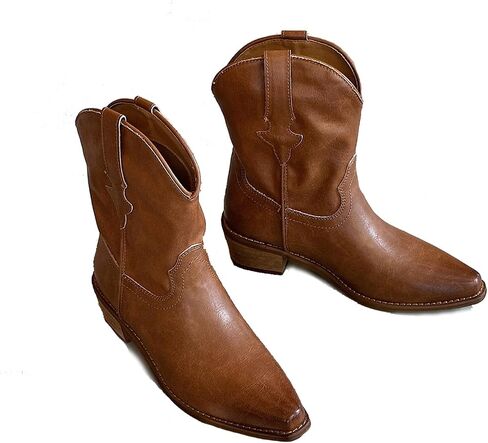 Women's Leather Western Cowboy Cowgirl Casual Ankle Boots Classic Pointed Toe Low Block Heel Dress Pull-on Mid-Calf Boots in Kuwait