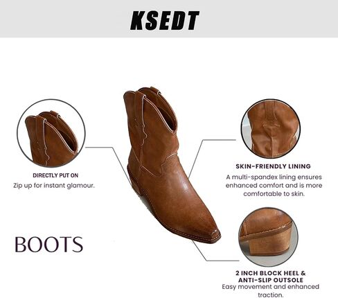 Women's Leather Western Cowboy Cowgirl Casual Ankle Boots Classic Pointed Toe Low Block Heel Dress Pull-on Mid-Calf Boots in Kuwait