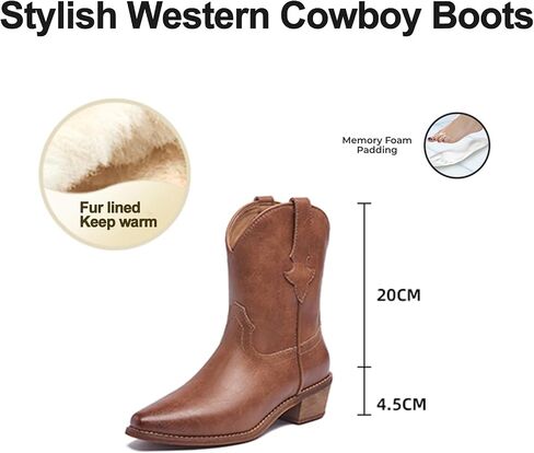 Women's Leather Western Cowboy Cowgirl Casual Ankle Boots Classic Pointed Toe Low Block Heel Dress Pull-on Mid-Calf Boots in Kuwait