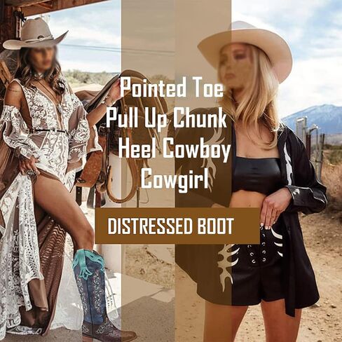 Women's Leather Western Cowboy Cowgirl Casual Ankle Boots Classic Pointed Toe Low Block Heel Dress Pull-on Mid-Calf Boots in Kuwait