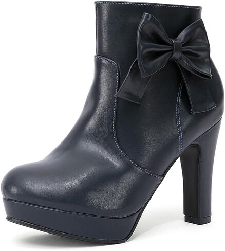 GATUXUS Women's Chunky High Heels Bow Decor Ankle Boots Round Toe Side Zipper Platform Short Booties Dress Shoes in Kuwait