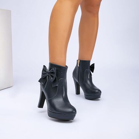 GATUXUS Women's Chunky High Heels Bow Decor Ankle Boots Round Toe Side Zipper Platform Short Booties Dress Shoes in Kuwait