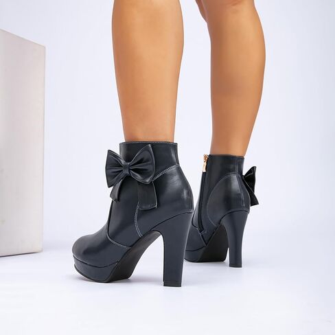 GATUXUS Women's Chunky High Heels Bow Decor Ankle Boots Round Toe Side Zipper Platform Short Booties Dress Shoes in Kuwait